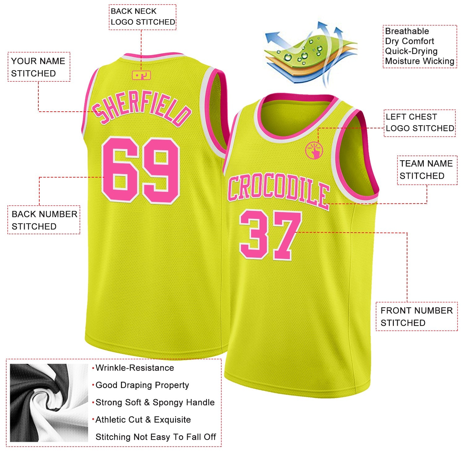 Custom Neon Yellow Pink-White Authentic Basketball Jersey