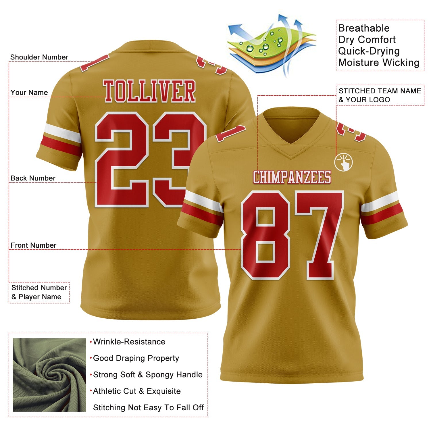 Custom Old Gold Red-White Authentic Football Jersey