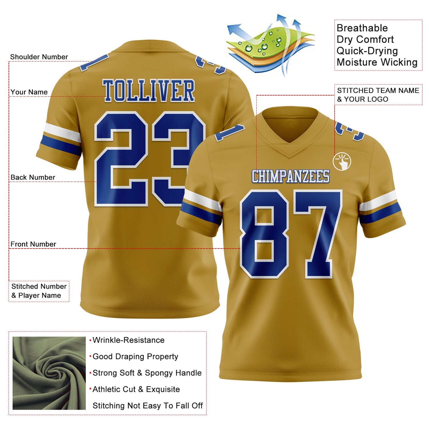 Custom Old Gold Royal-White Authentic Football Jersey