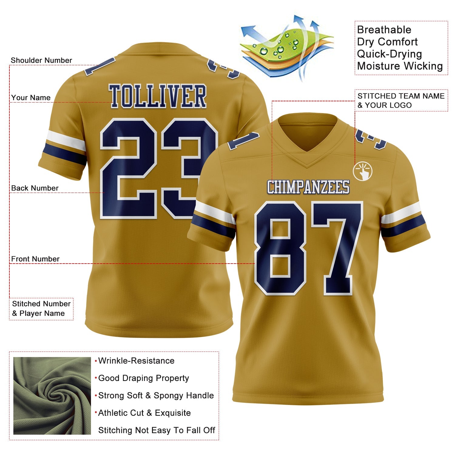 Custom Old Gold Navy-White Authentic Football Jersey