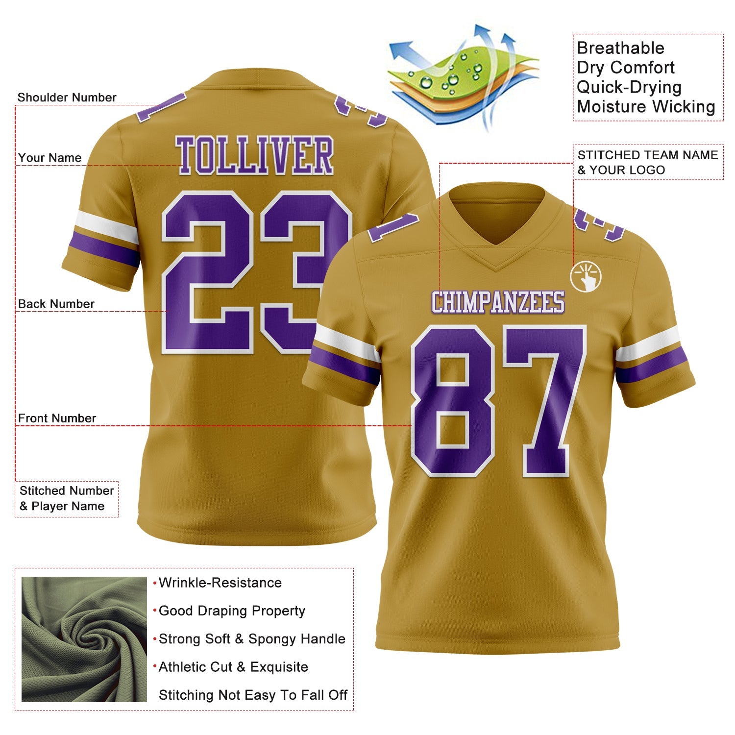 Custom Old Gold Purple-White Authentic Football Jersey