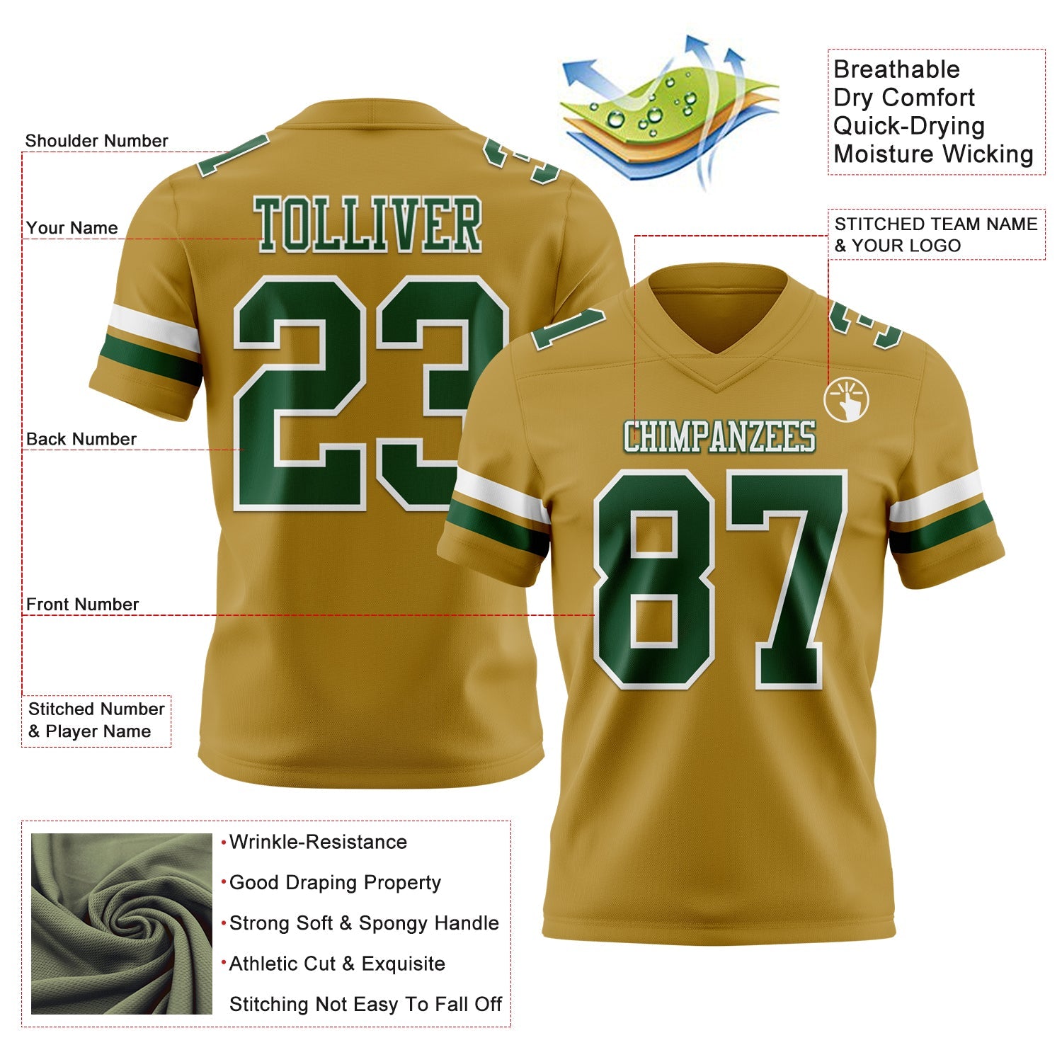 Custom Old Gold Green-White Authentic Football Jersey
