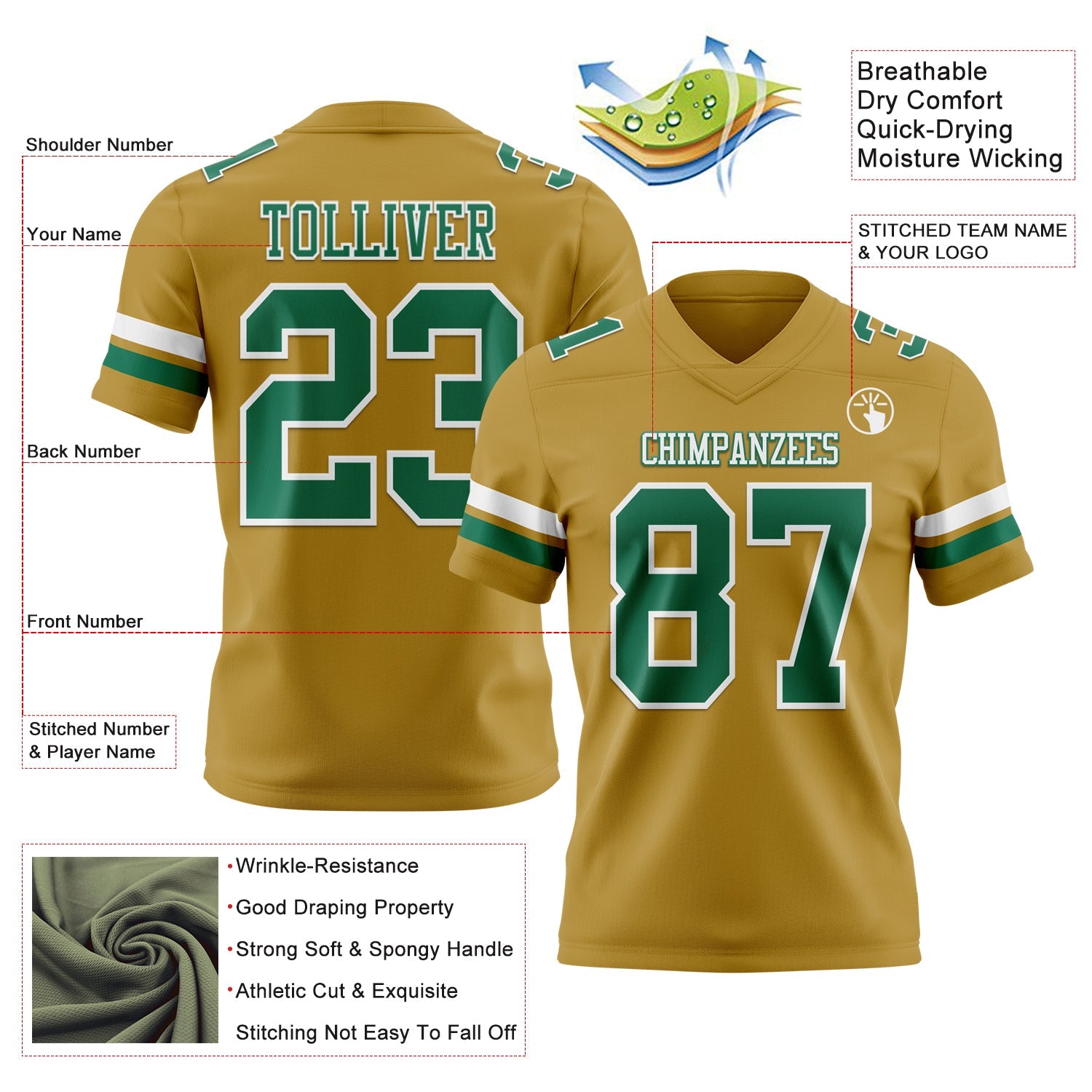 Custom Old Gold Kelly Green-White Authentic Football Jersey