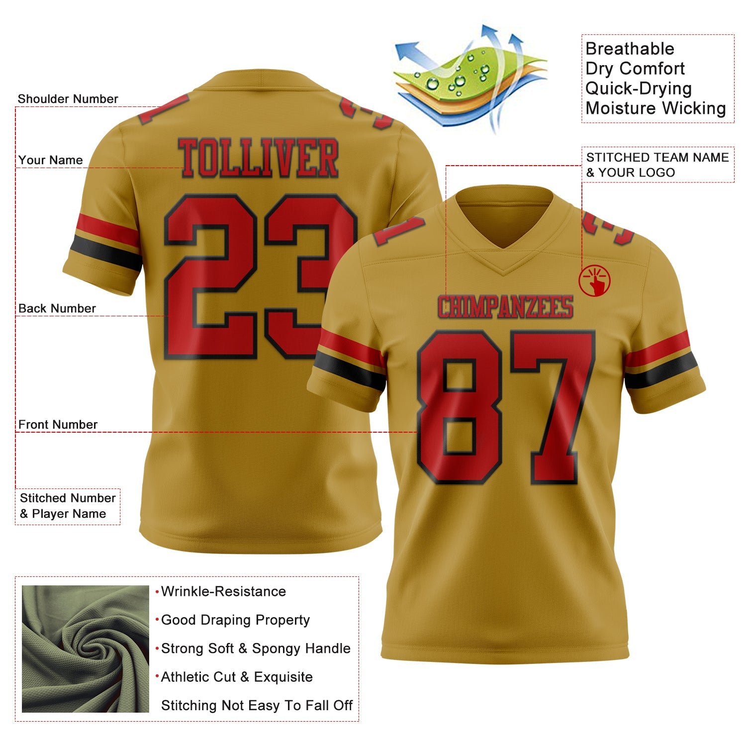 Custom Old Gold Red-Black Authentic Football Jersey