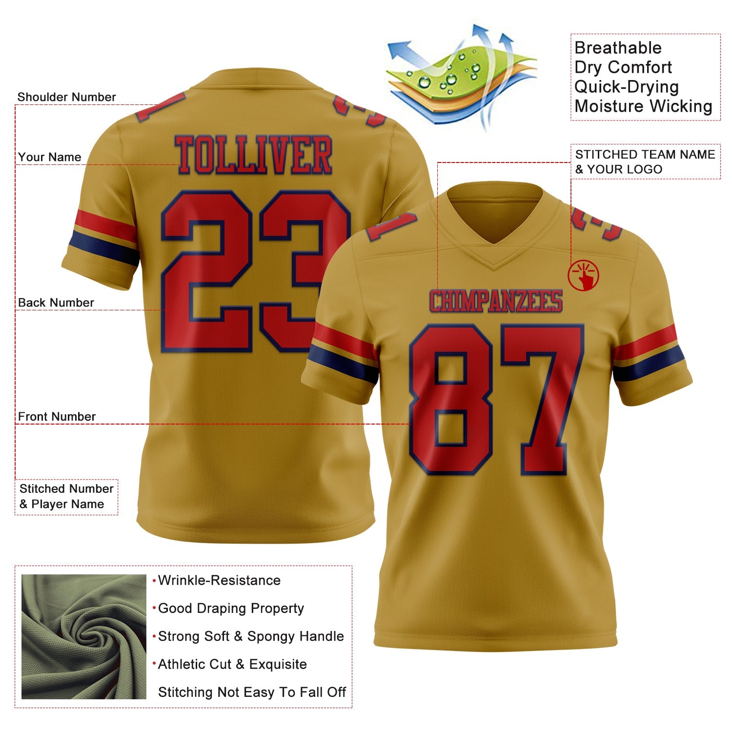 Custom Old Gold Red-Navy Authentic Football Jersey