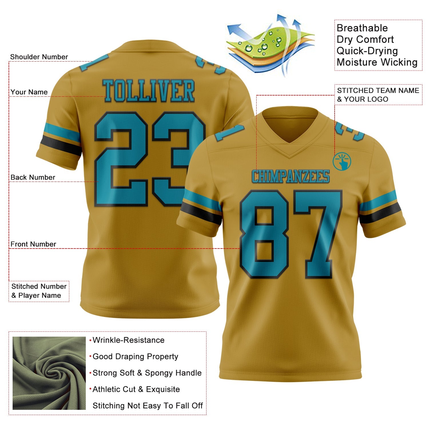 Custom Old Gold Teal-Black Authentic Football Jersey