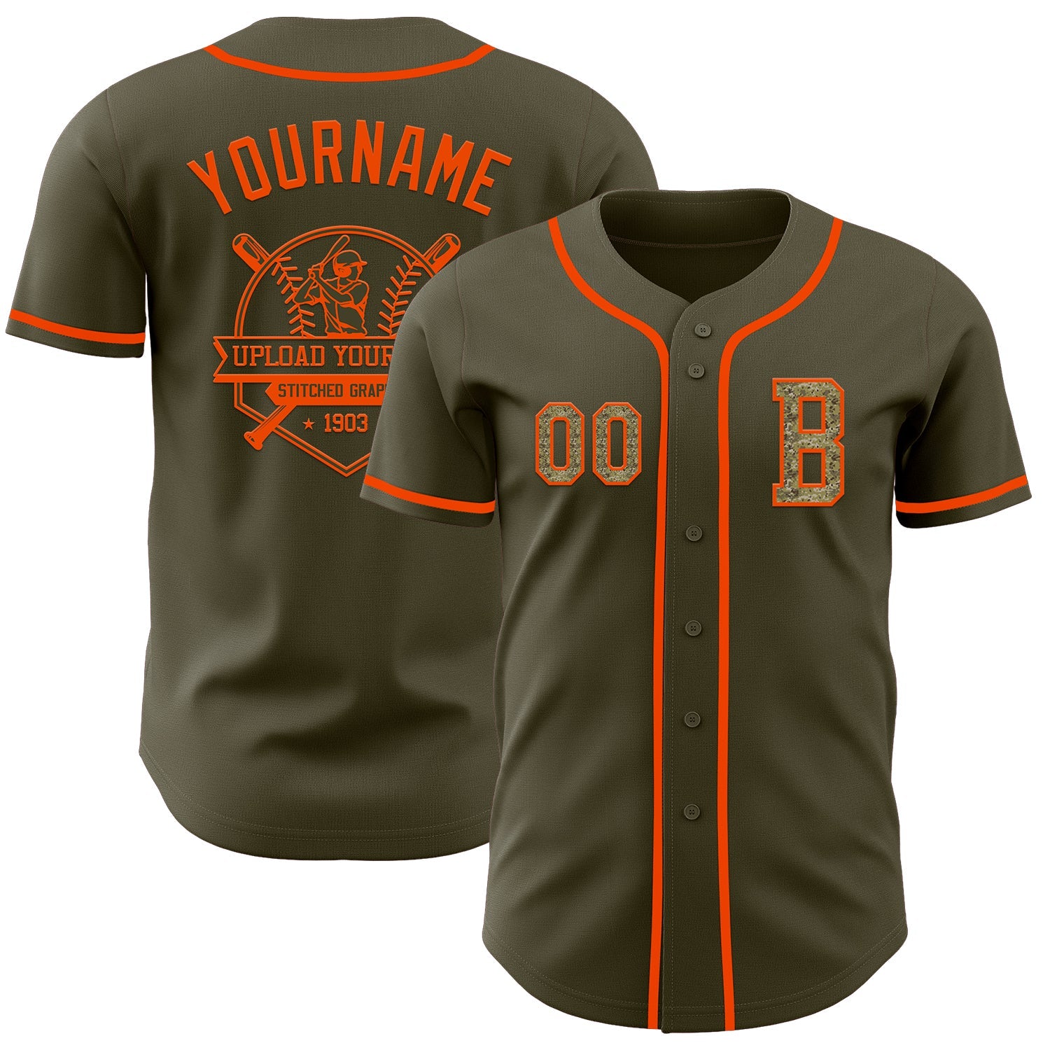 Custom Olive Camo-Orange Authentic Salute To Service Baseball Jersey