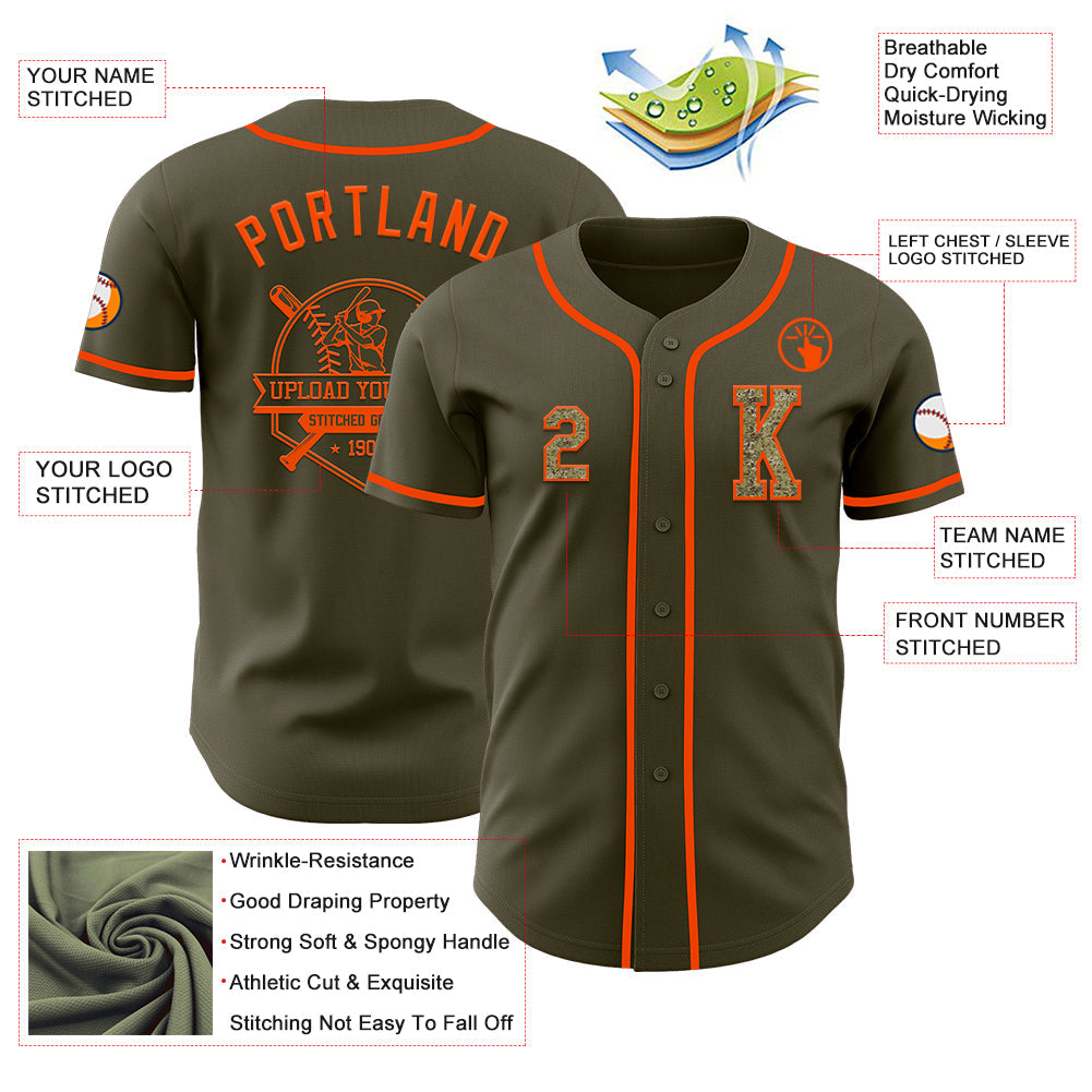 Custom Olive Camo-Orange Authentic Salute To Service Baseball Jersey