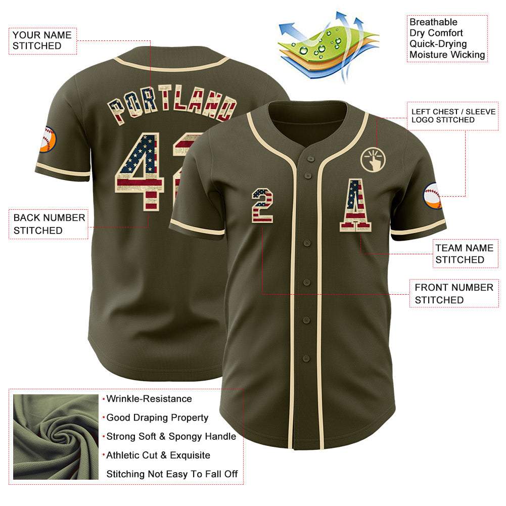Custom Olive Vintage USA Flag-Cream Authentic Salute To Service Baseball Jersey