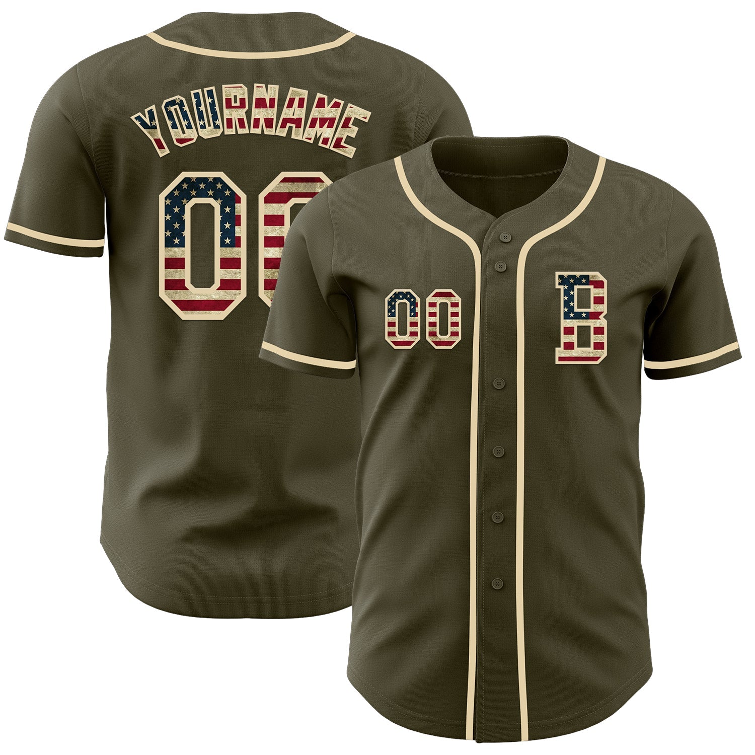 Custom Olive Vintage USA Flag-Cream Authentic Salute To Service Baseball Jersey
