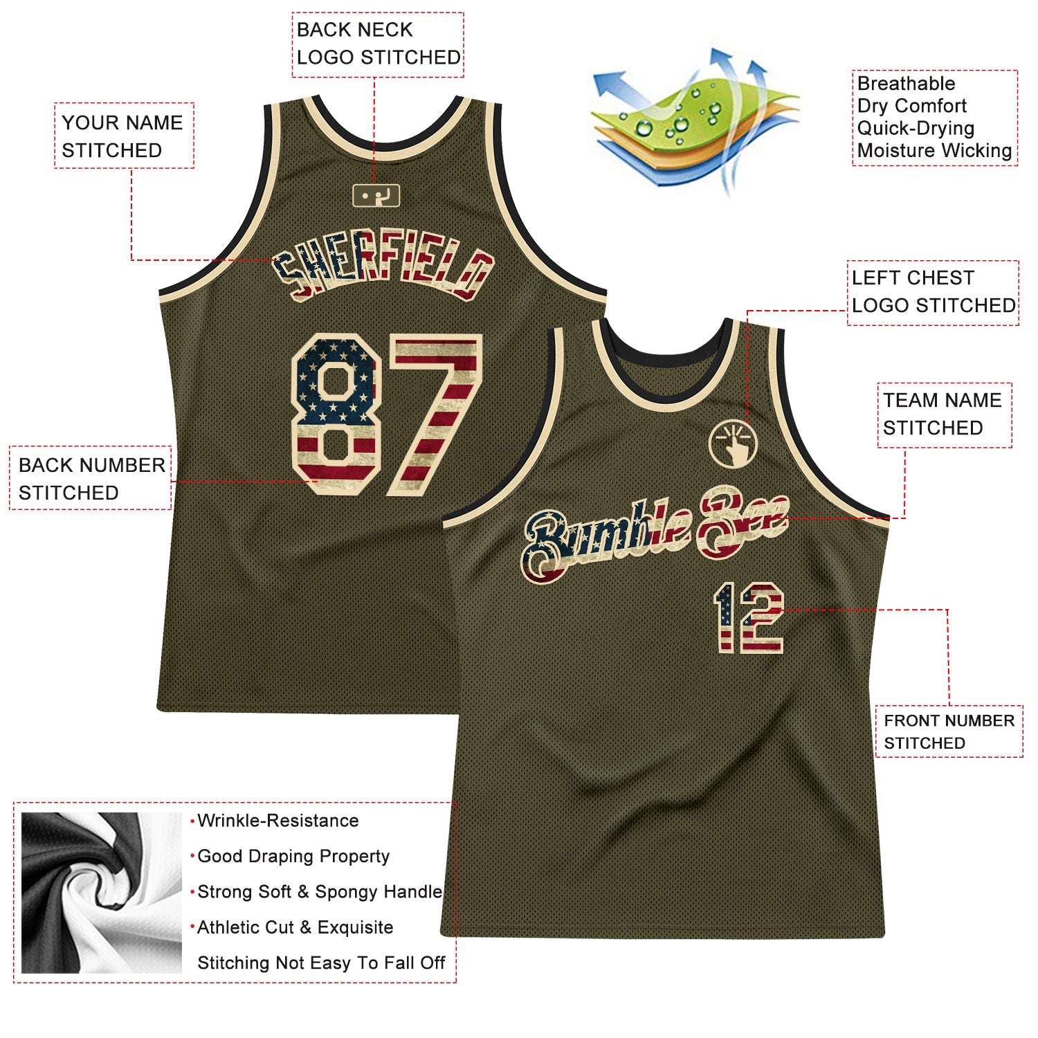 Custom Olive Vintage USA Flag Cream-Black Authentic Throwback Salute To Service Basketball Jersey