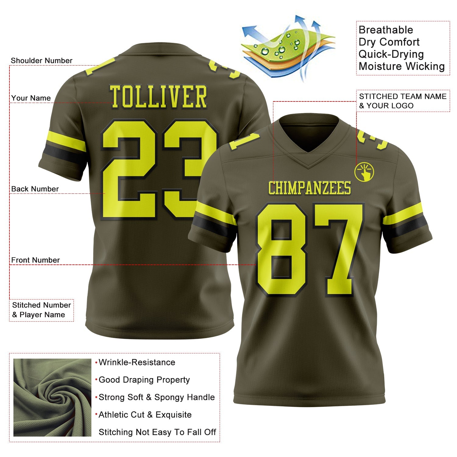 Custom Olive Neon Yellow-Black Authentic Salute To Service Football Jersey
