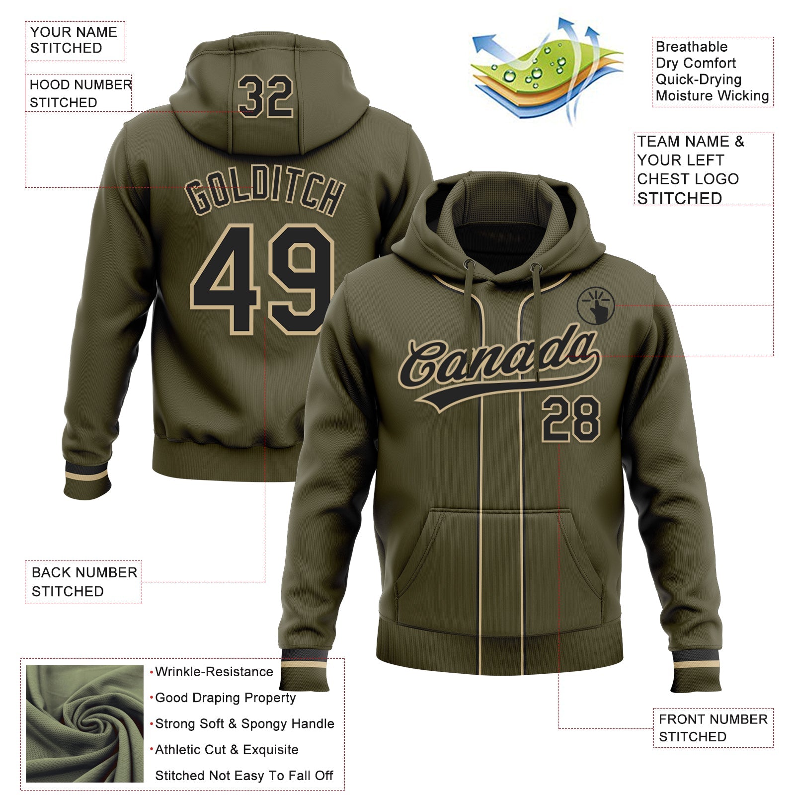 Custom Stitched Olive Black-Vegas Gold Baseball Pullover Sweatshirt Hoodie