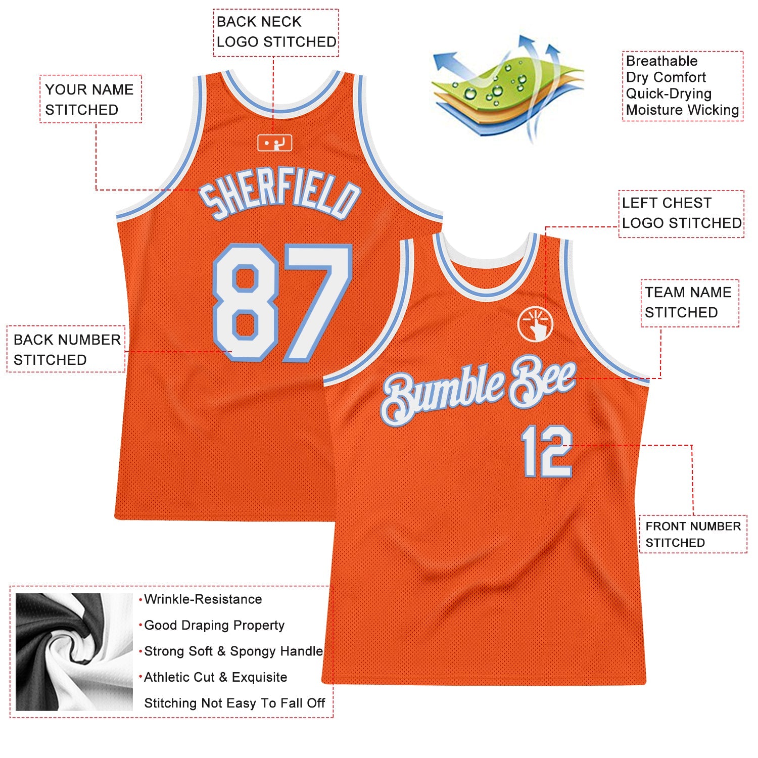 Custom Orange White-Light Blue Authentic Throwback Basketball Jersey