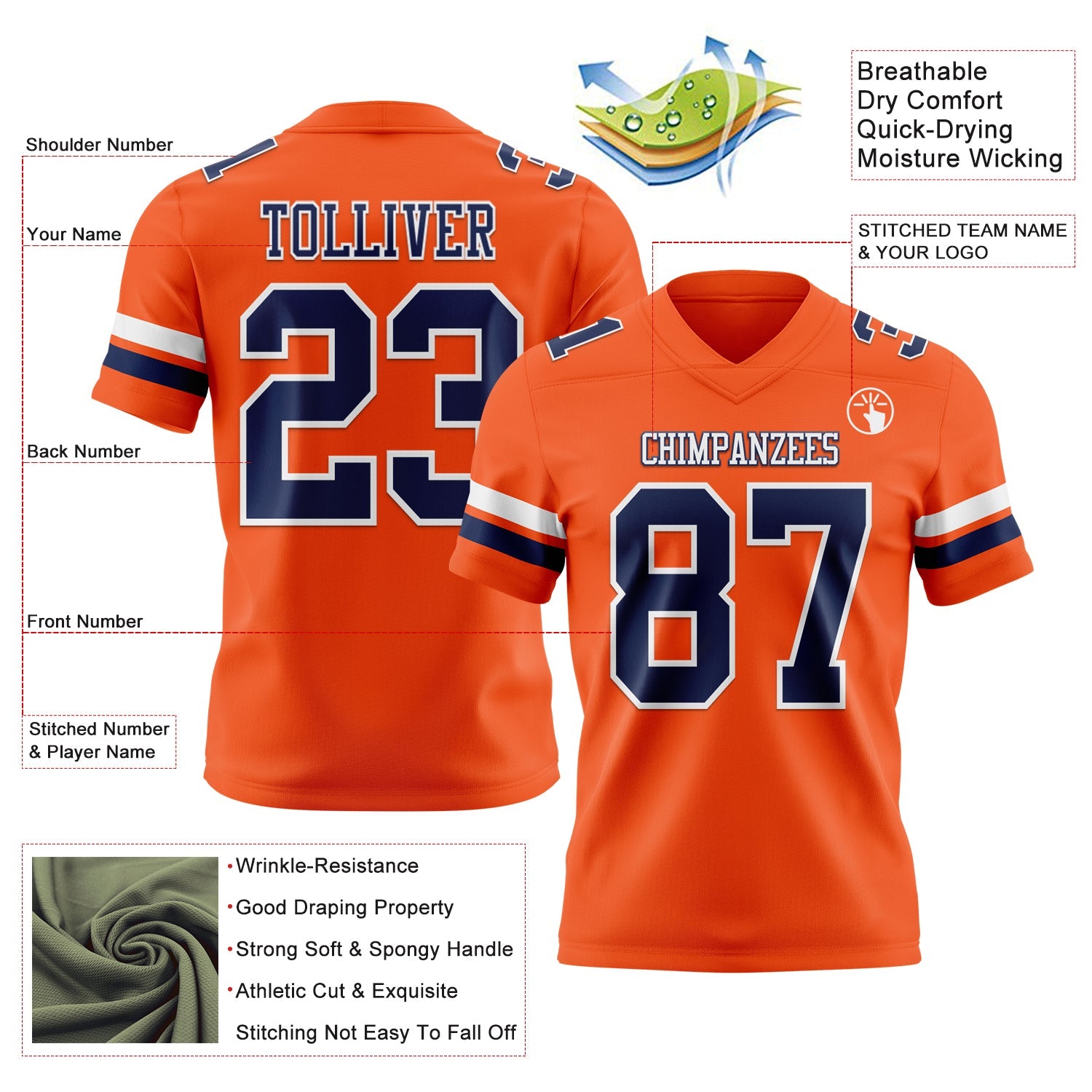 Custom Orange Navy-White Authentic Football Jersey