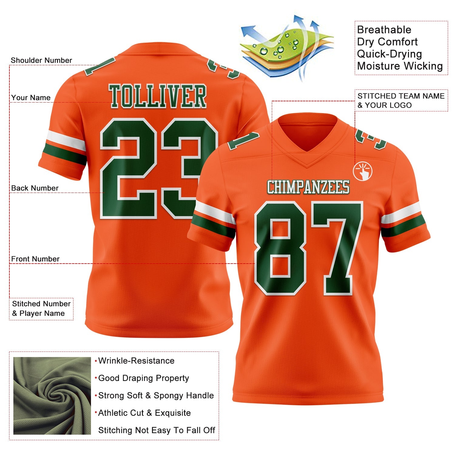 Custom Orange Green-White Authentic Football Jersey