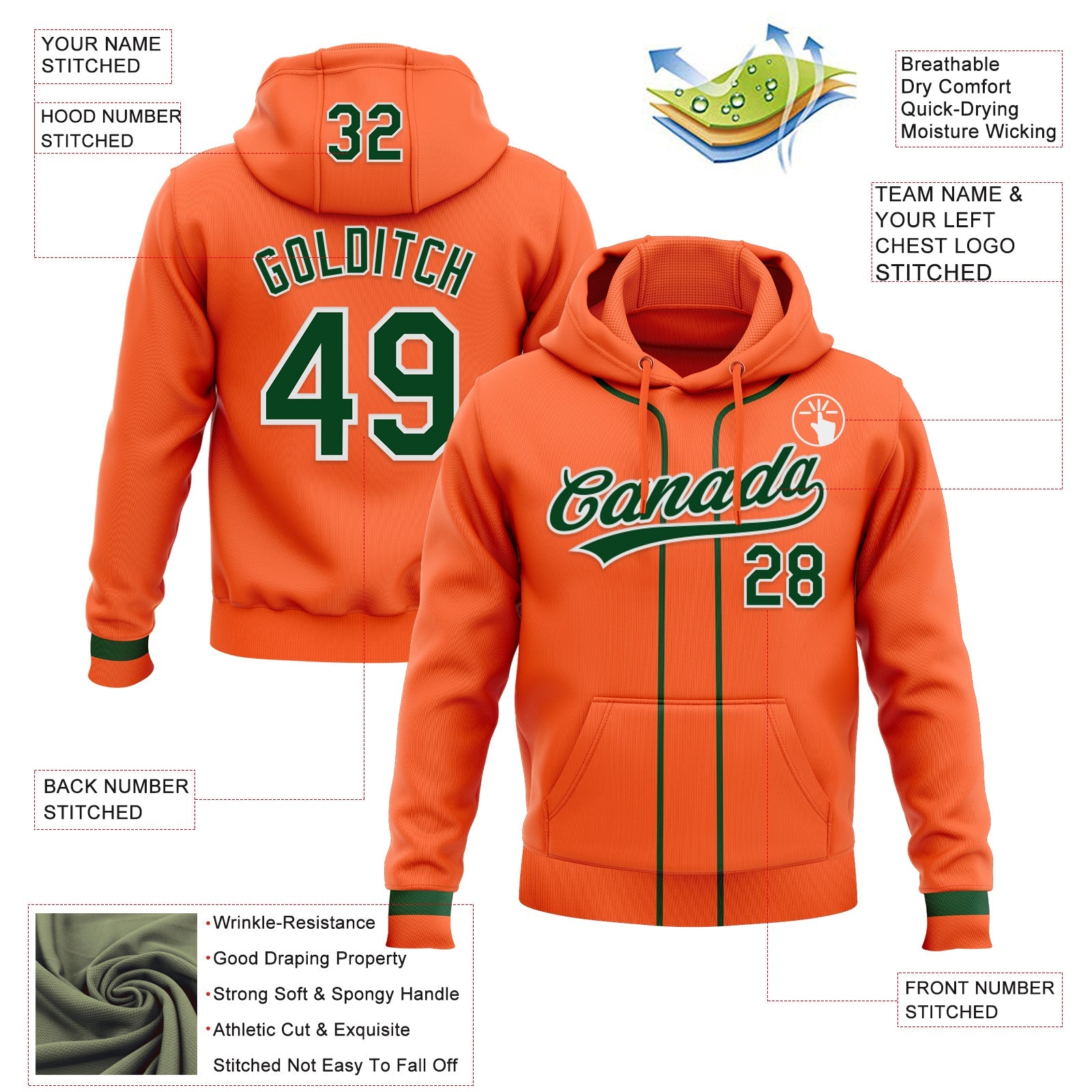 Custom Stitched Orange Green-White Baseball Pullover Sweatshirt Hoodie
