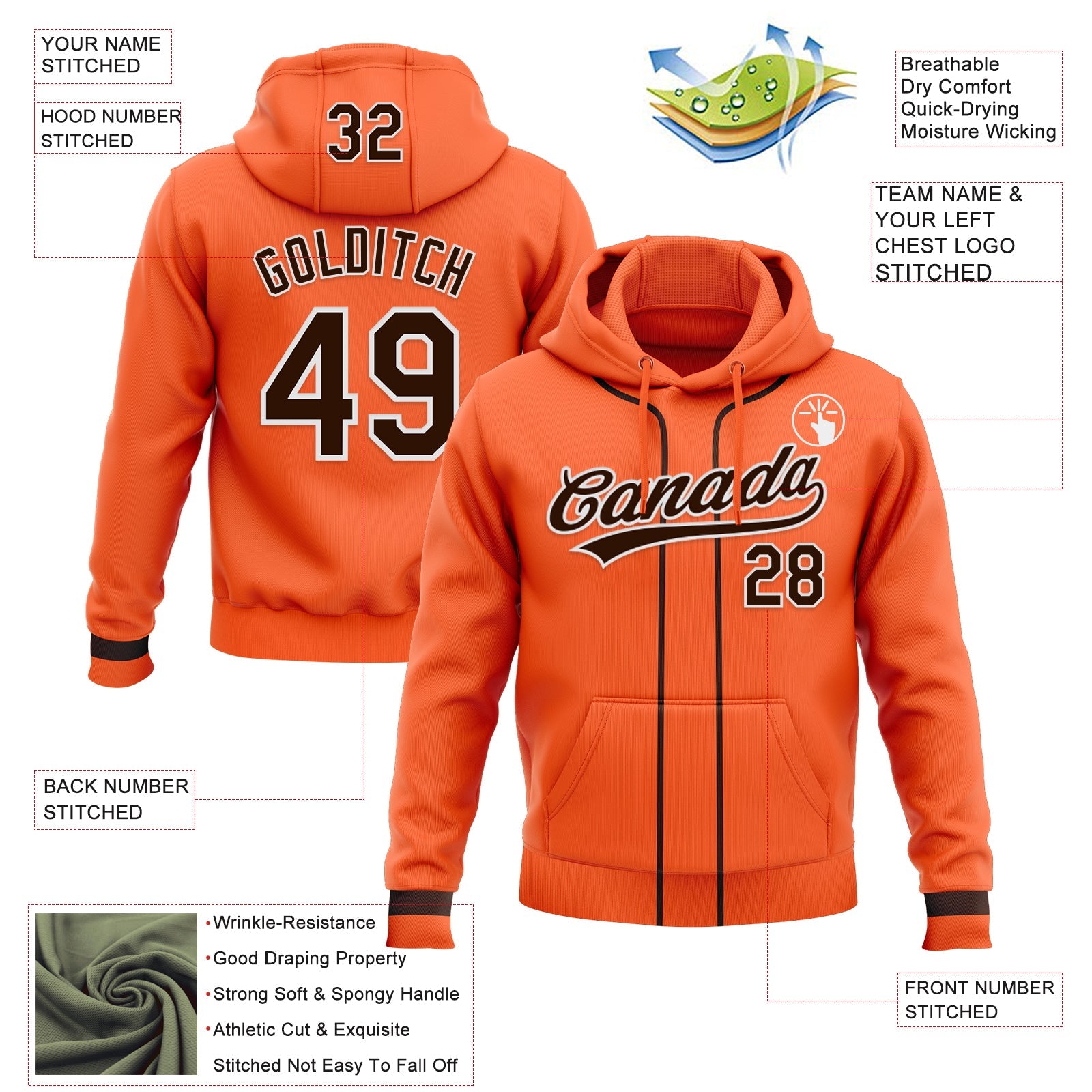 Custom Stitched Orange Brown-White Baseball Pullover Sweatshirt Hoodie