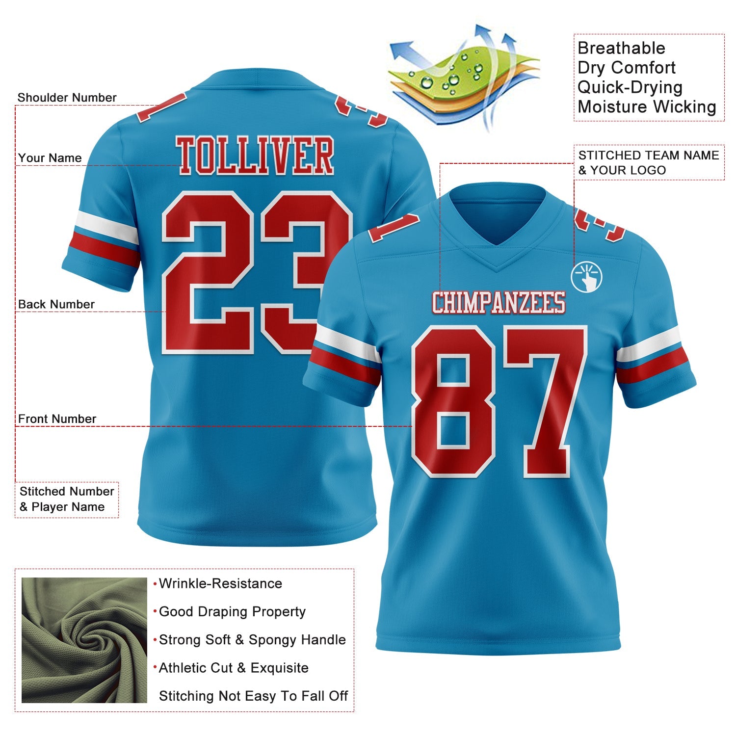 Custom Panther Blue Red-White Authentic Football Jersey