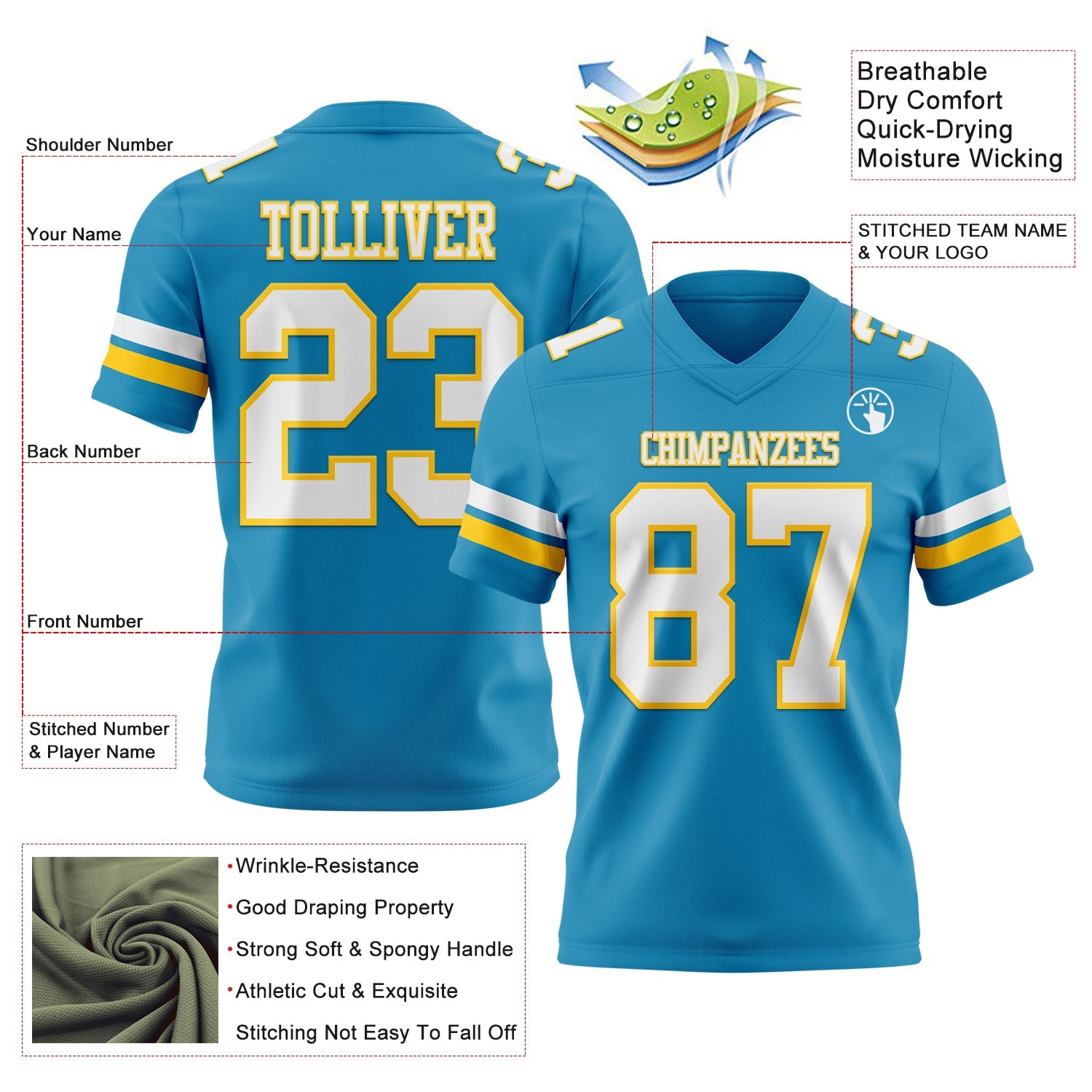 Custom Panther Blue White-Yellow Authentic Football Jersey