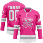 Custom Pink White-Gray Hockey Lace Neck Jersey