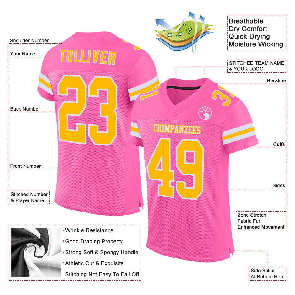 Custom Pink Gold-White Mesh Authentic Football Jersey