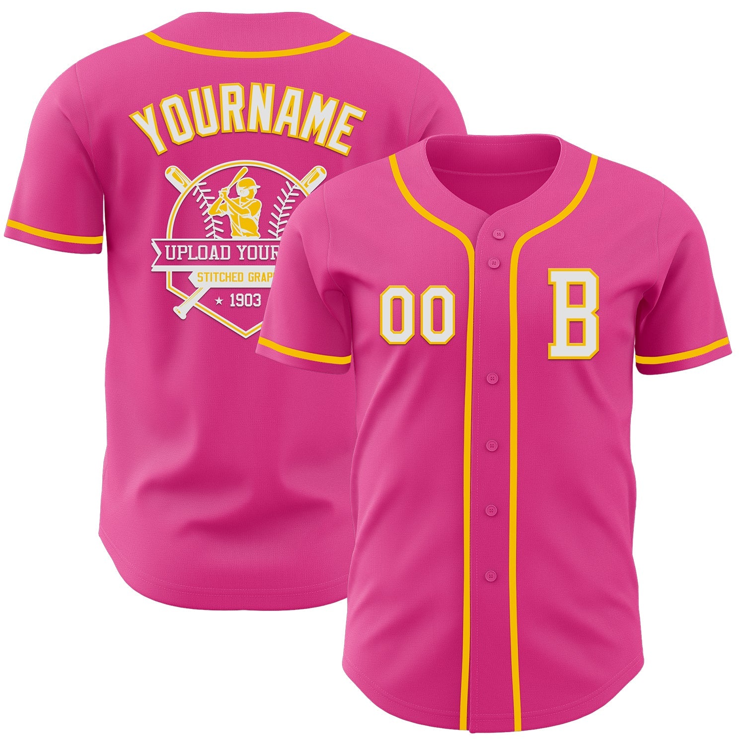 Custom Pink White-Yellow Authentic Baseball Jersey