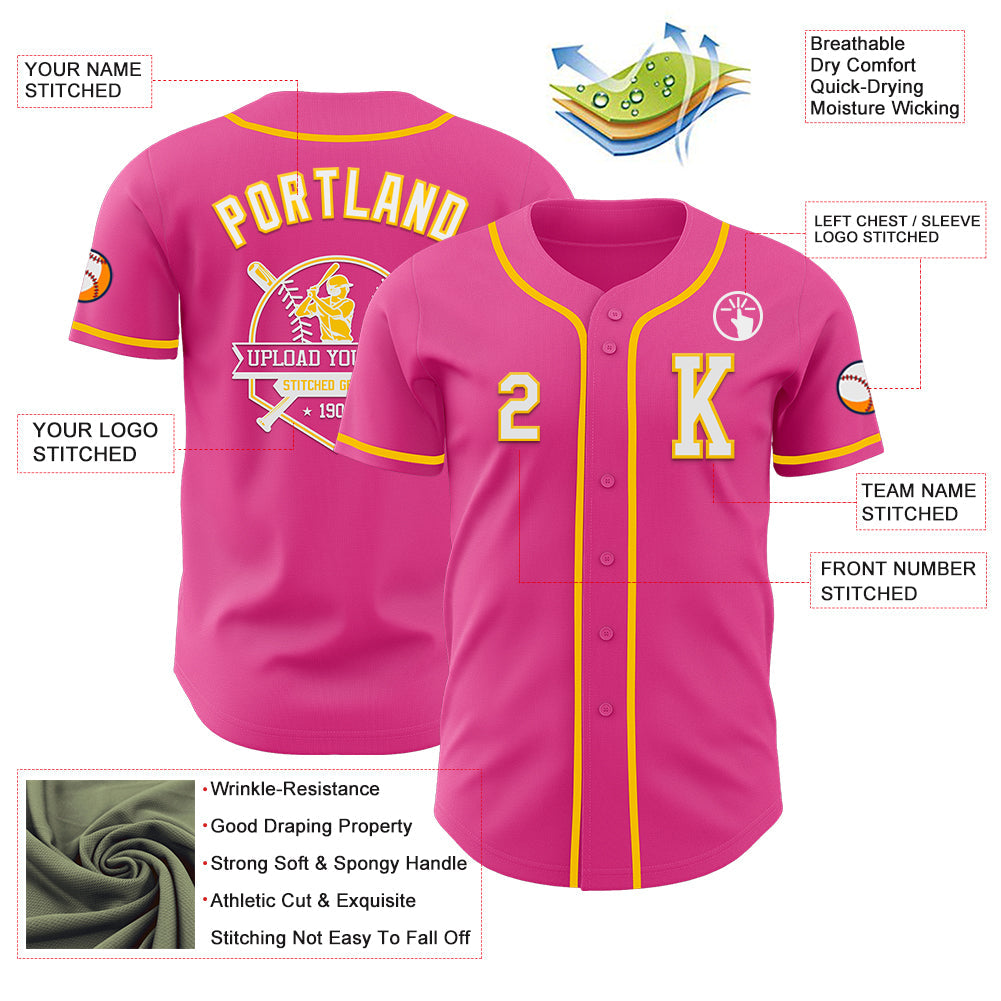 Custom Pink White-Yellow Authentic Baseball Jersey