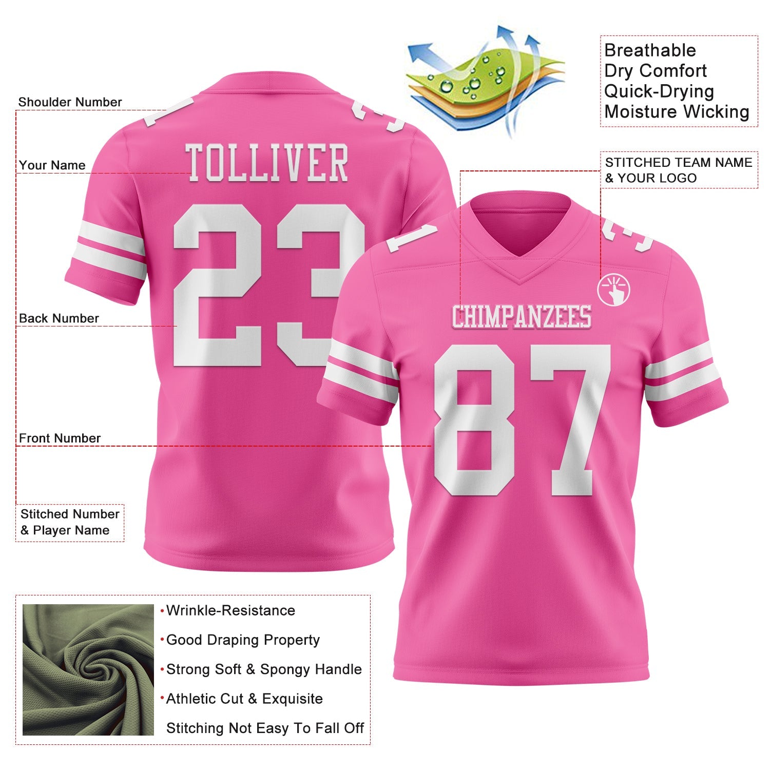 Custom Pink White Authentic Football Jersey