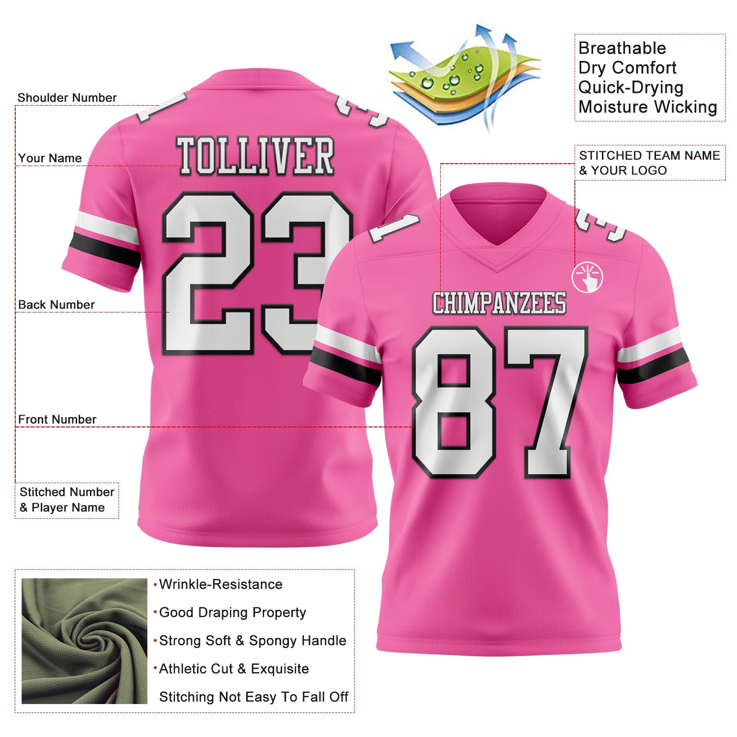 Custom Pink White-Black Authentic Football Jersey