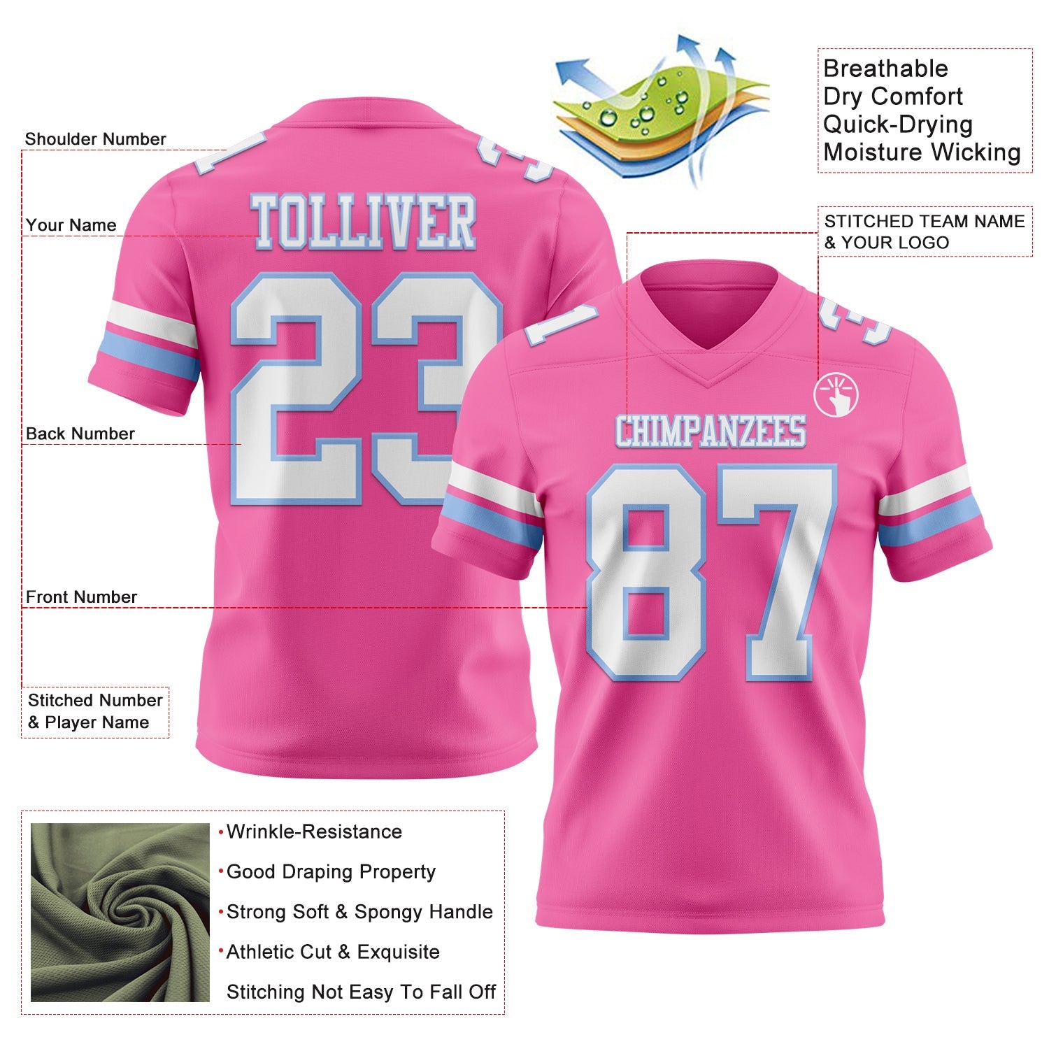 Custom Pink White-Light Blue Authentic Football Jersey