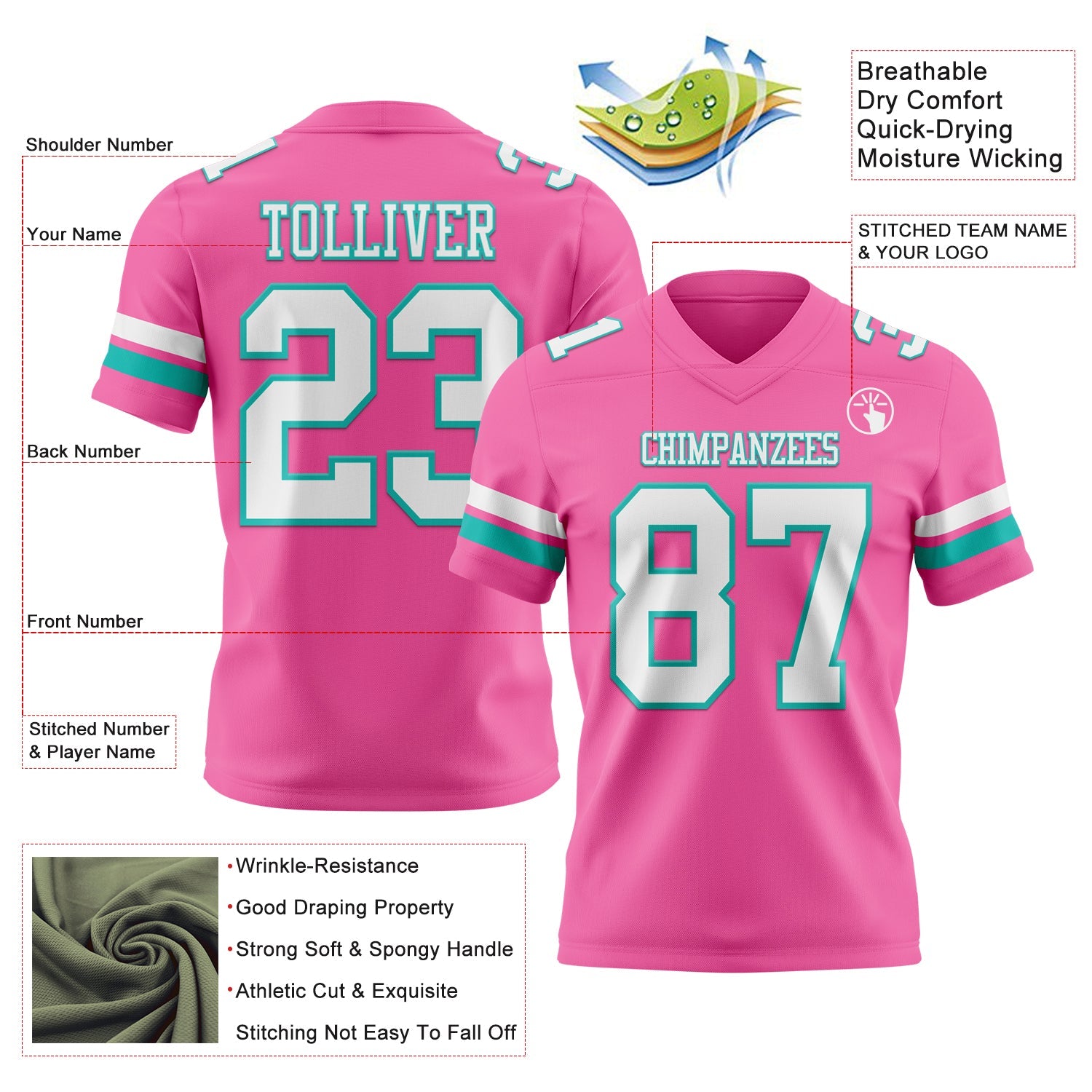 Custom Pink White-Aqua Authentic Football Jersey