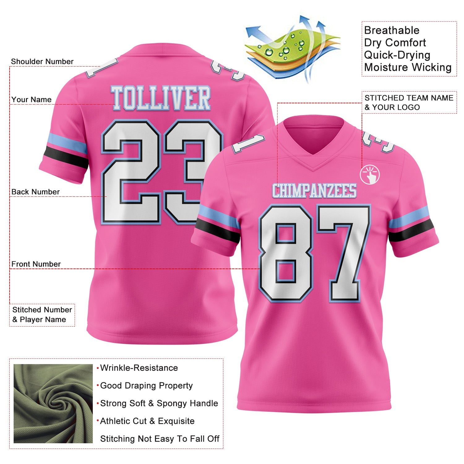 Custom Pink White Black-Light Blue Authentic Football Jersey