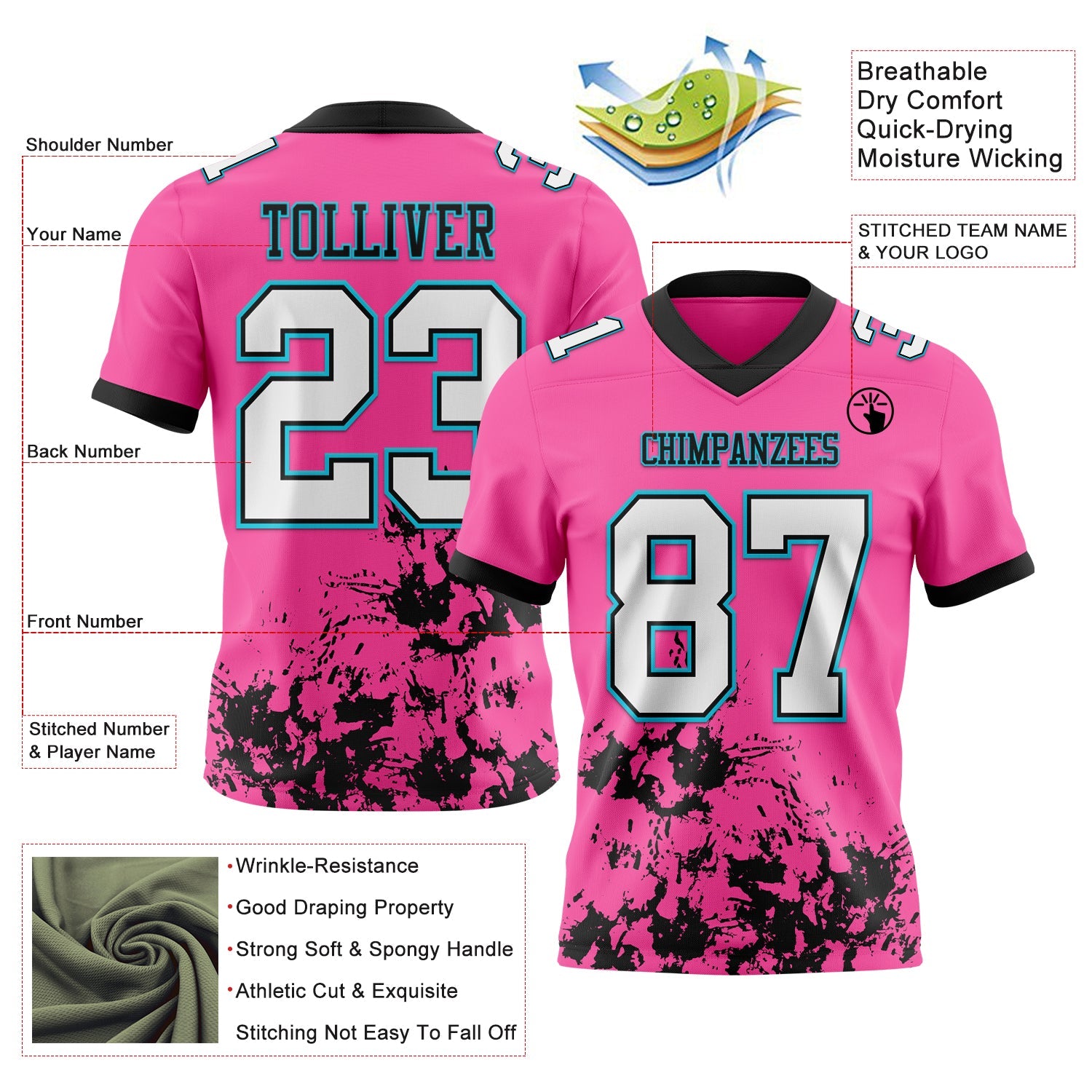 Custom Pink White Black-Lakes Blue 3D Pattern Splash Authentic Football Jersey