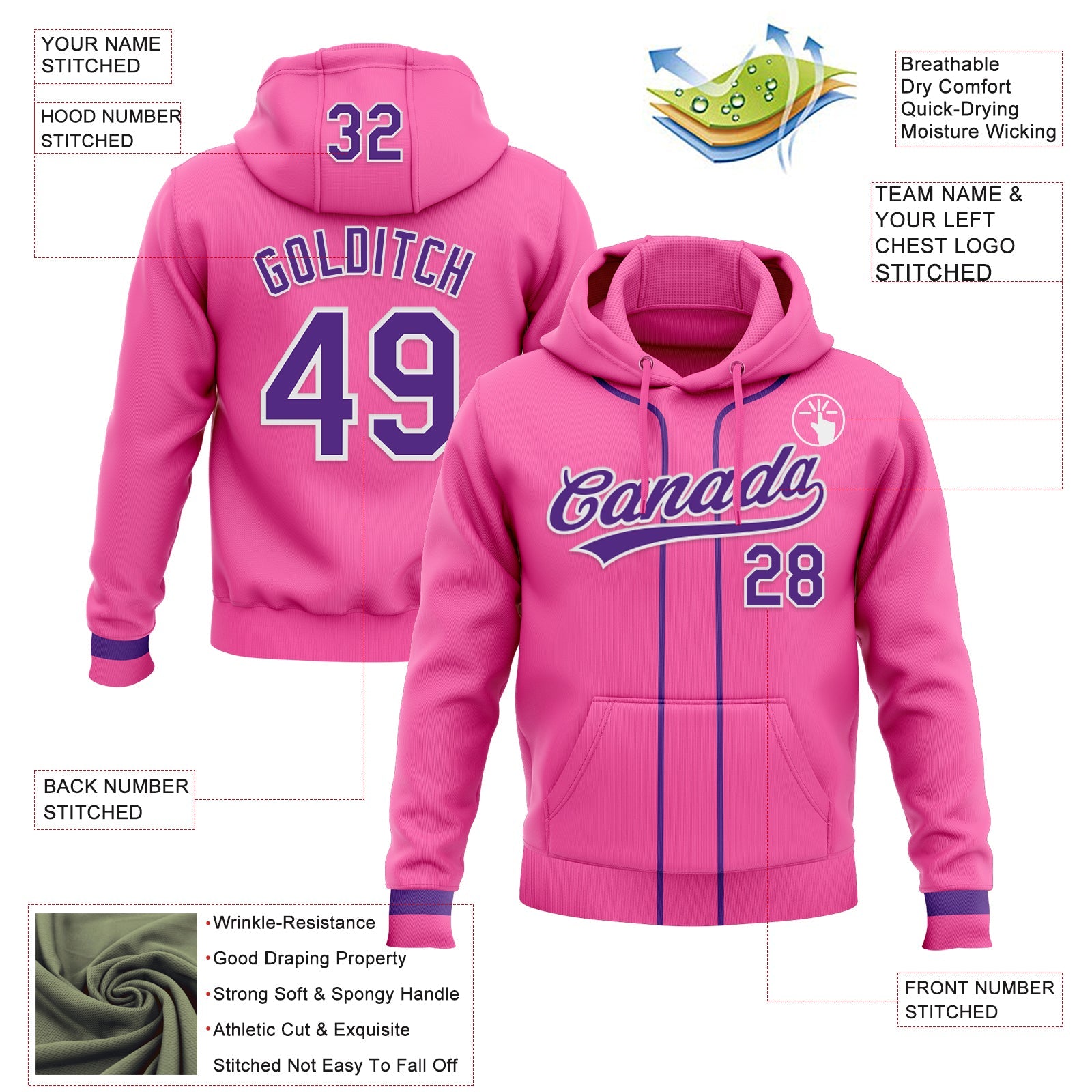 Custom Stitched Pink Purple-White Baseball Pullover Sweatshirt Hoodie