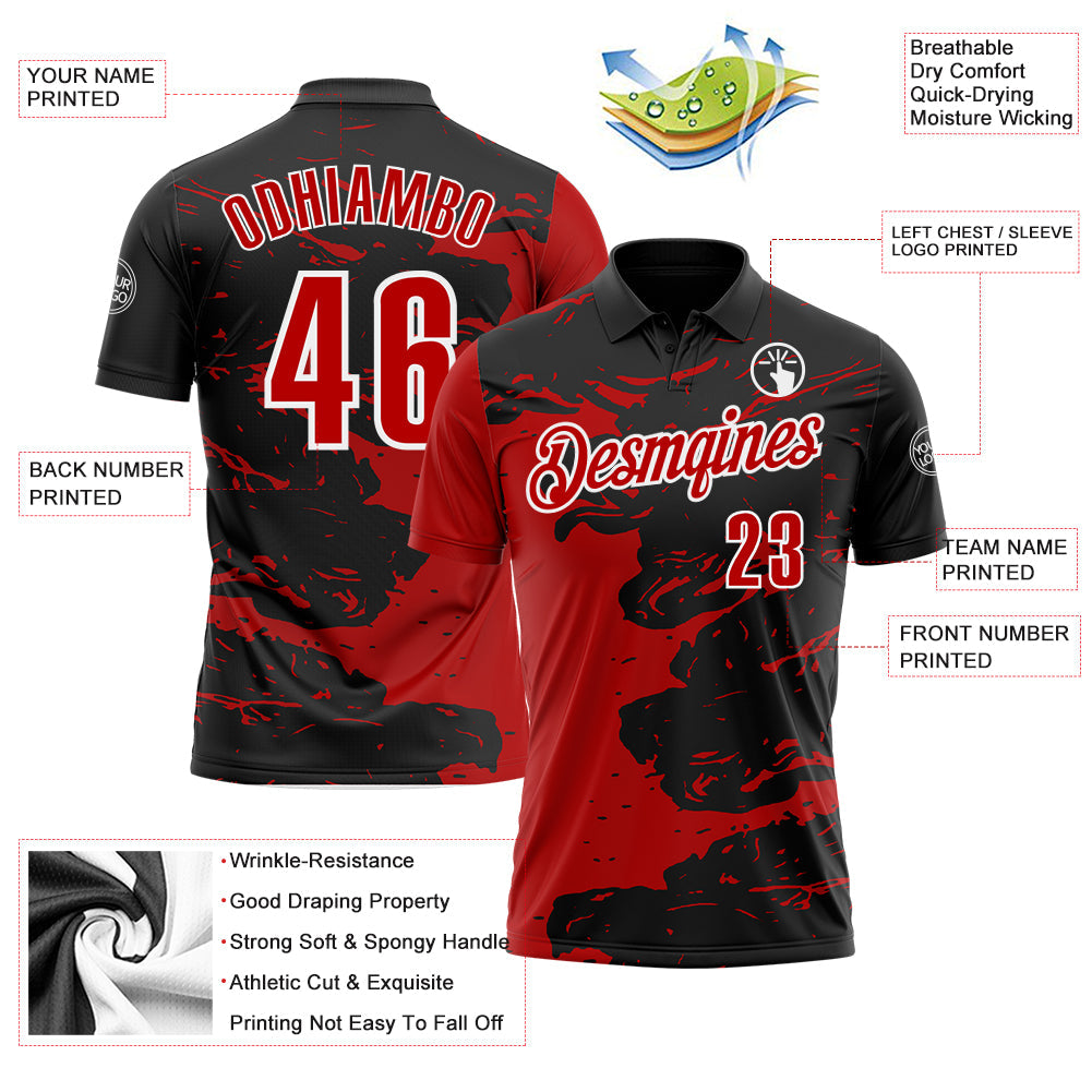Custom Black Red-White 3D Bowling Splash Ink Performance Polo Shirt