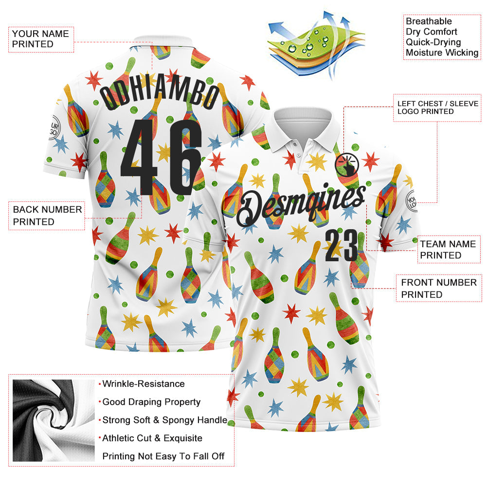 Custom White Black 3D Bowling Watercolor Performance Polo Shirt