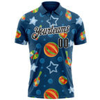 Custom Navy Black-White 3D Bowling Watercolor Performance Polo Shirt