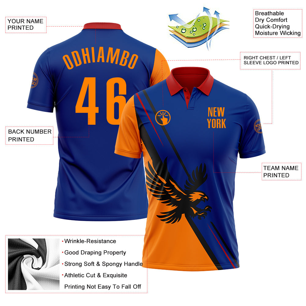 Custom Royal Bay Orange Red-Black 3D Pattern Design Animal Eagle Performance Polo Shirt