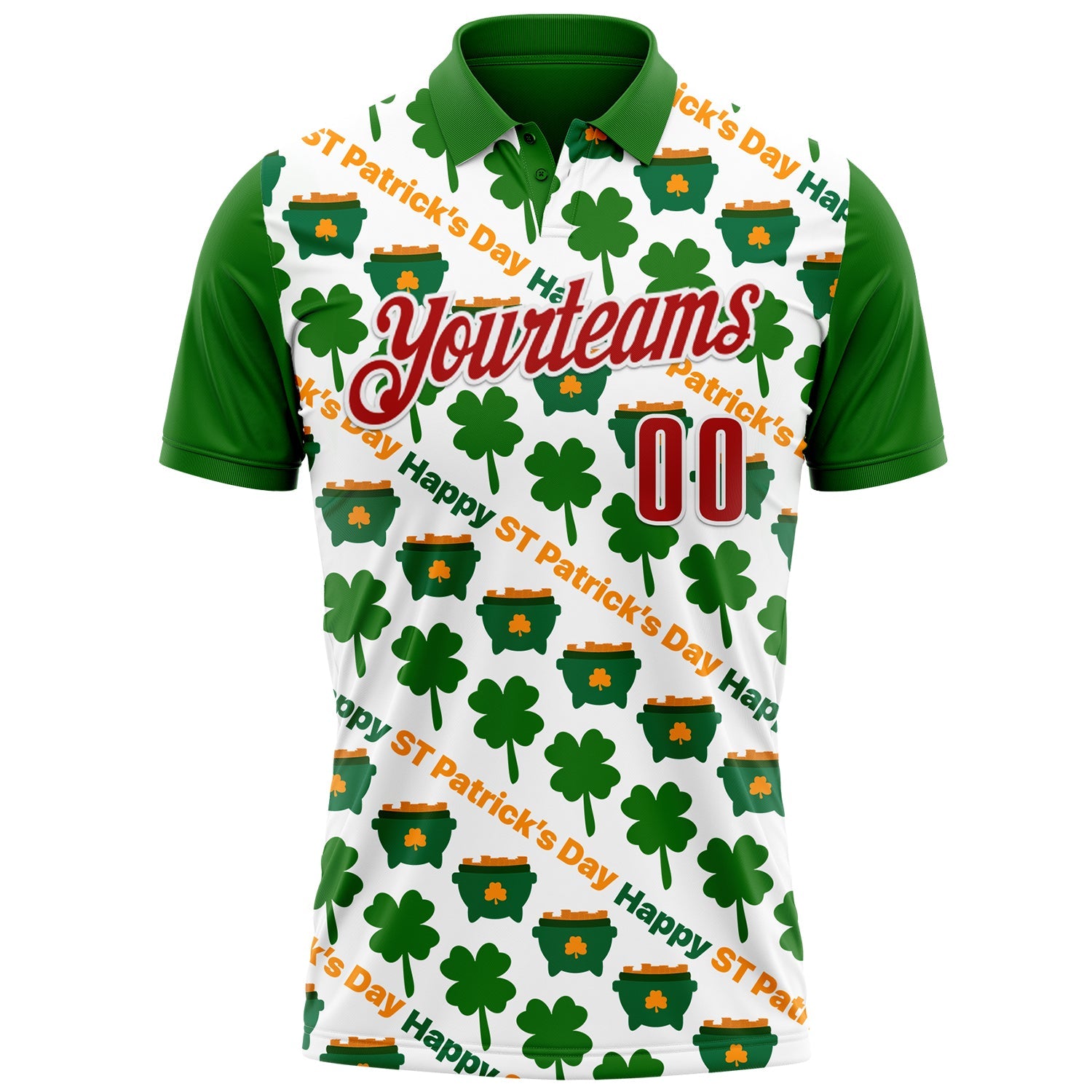 Custom White Red-Green 3D St. Patrick's Day Shamrock Performance Polo Shirt