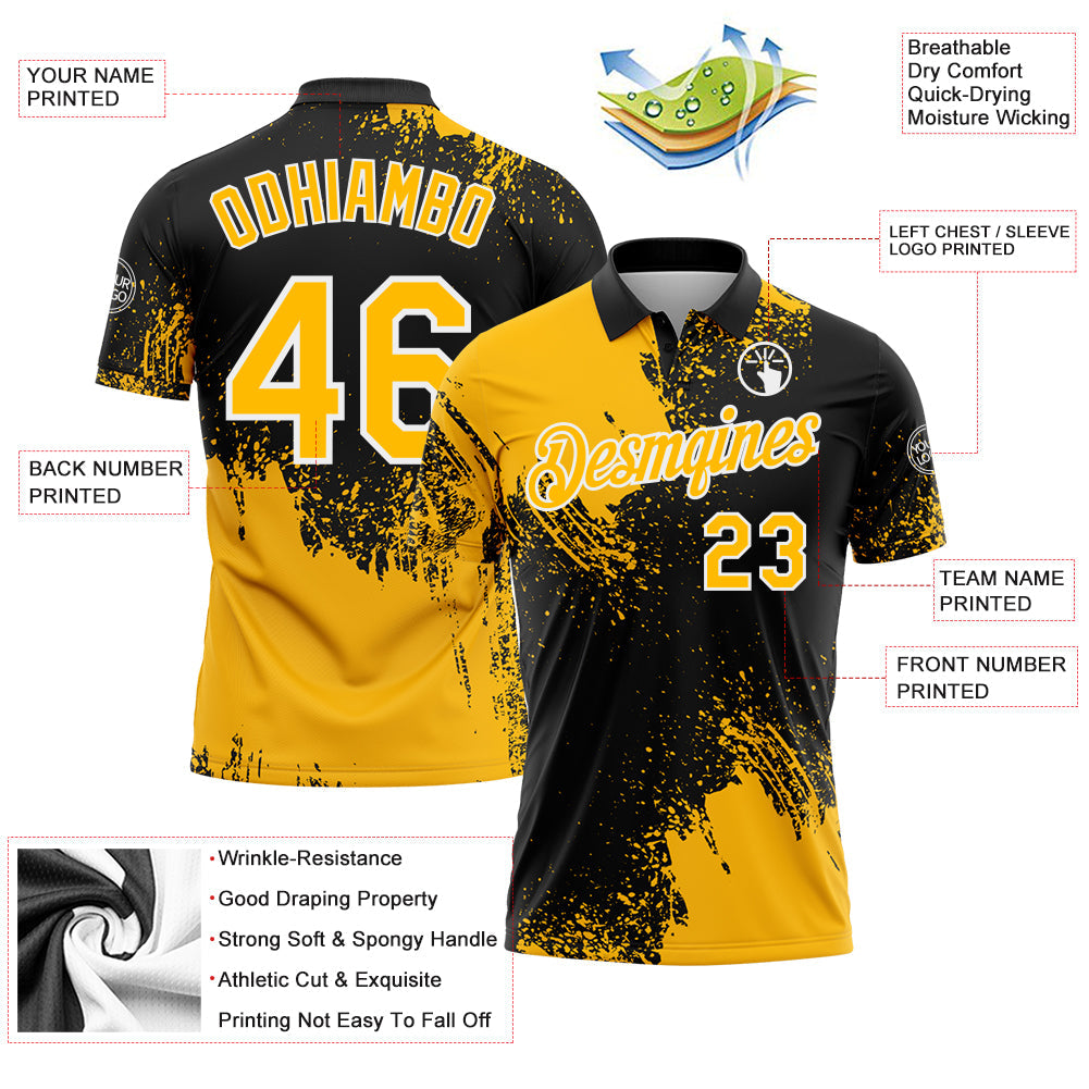 Custom Gold Black-White 3D Pattern Design Abstract Brush Stroke Performance Polo Shirt