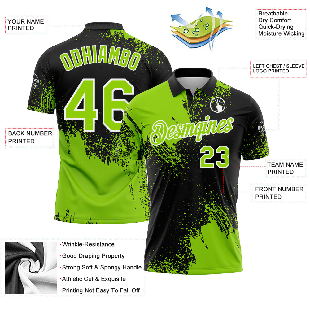 Custom Neon Green Black-White 3D Pattern Design Abstract Brush Stroke Performance Polo Shirt
