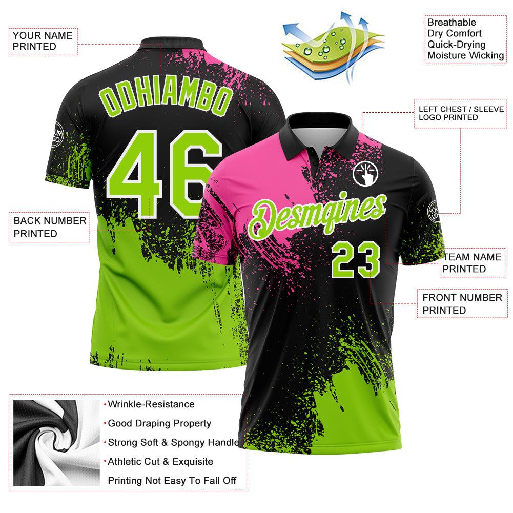 Custom Pink Neon Green-Black 3D Pattern Design Abstract Brush Stroke Performance Polo Shirt