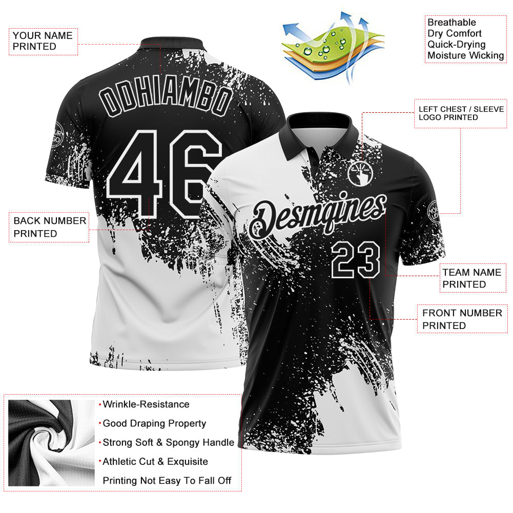Custom White Black 3D Pattern Design Abstract Brush Stroke Performance Polo Shirt