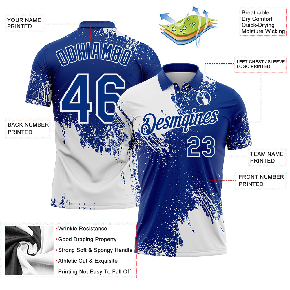 Custom White Royal 3D Pattern Design Abstract Brush Stroke Performance Polo Shirt
