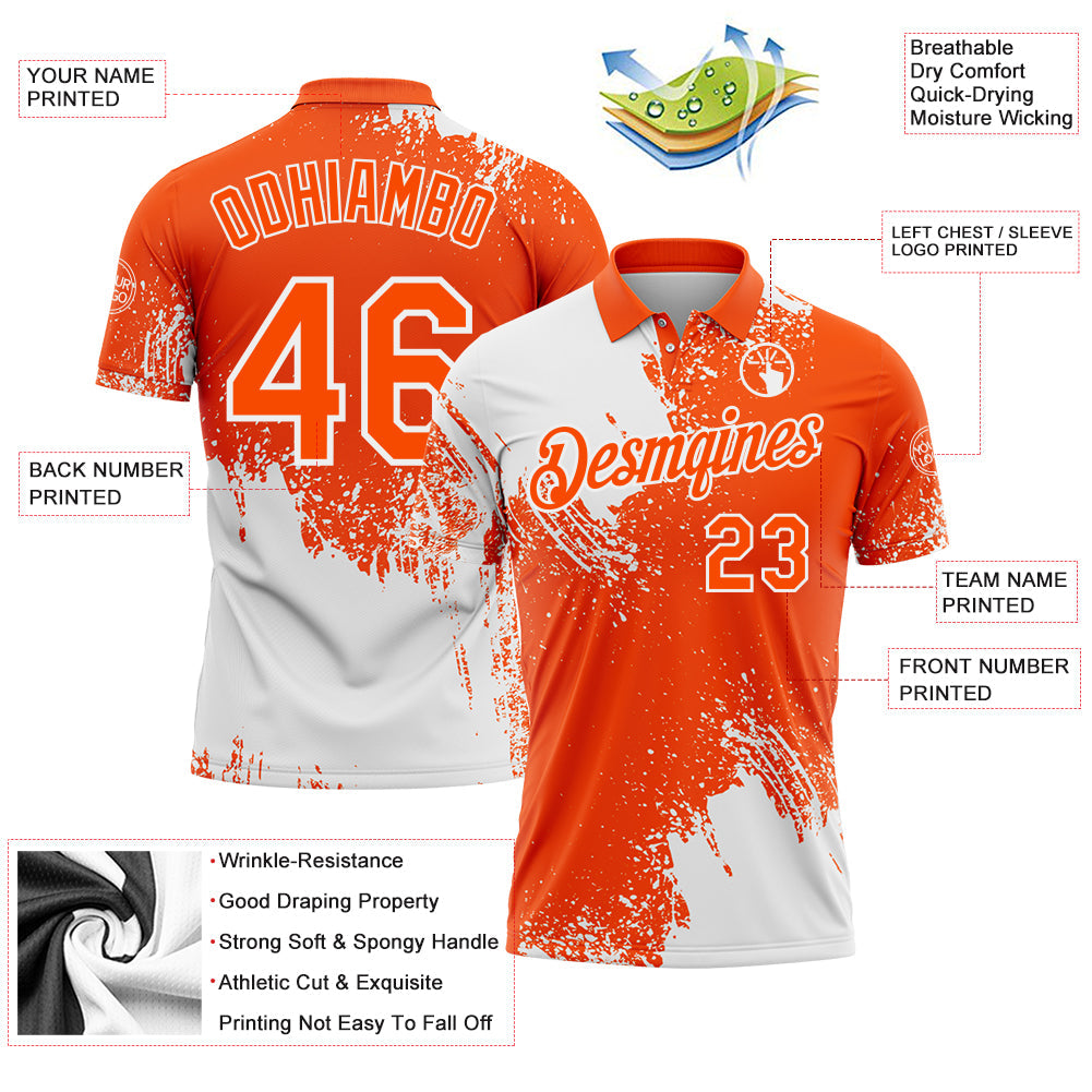 Custom White Orange 3D Pattern Design Abstract Brush Stroke Performance Polo Shirt