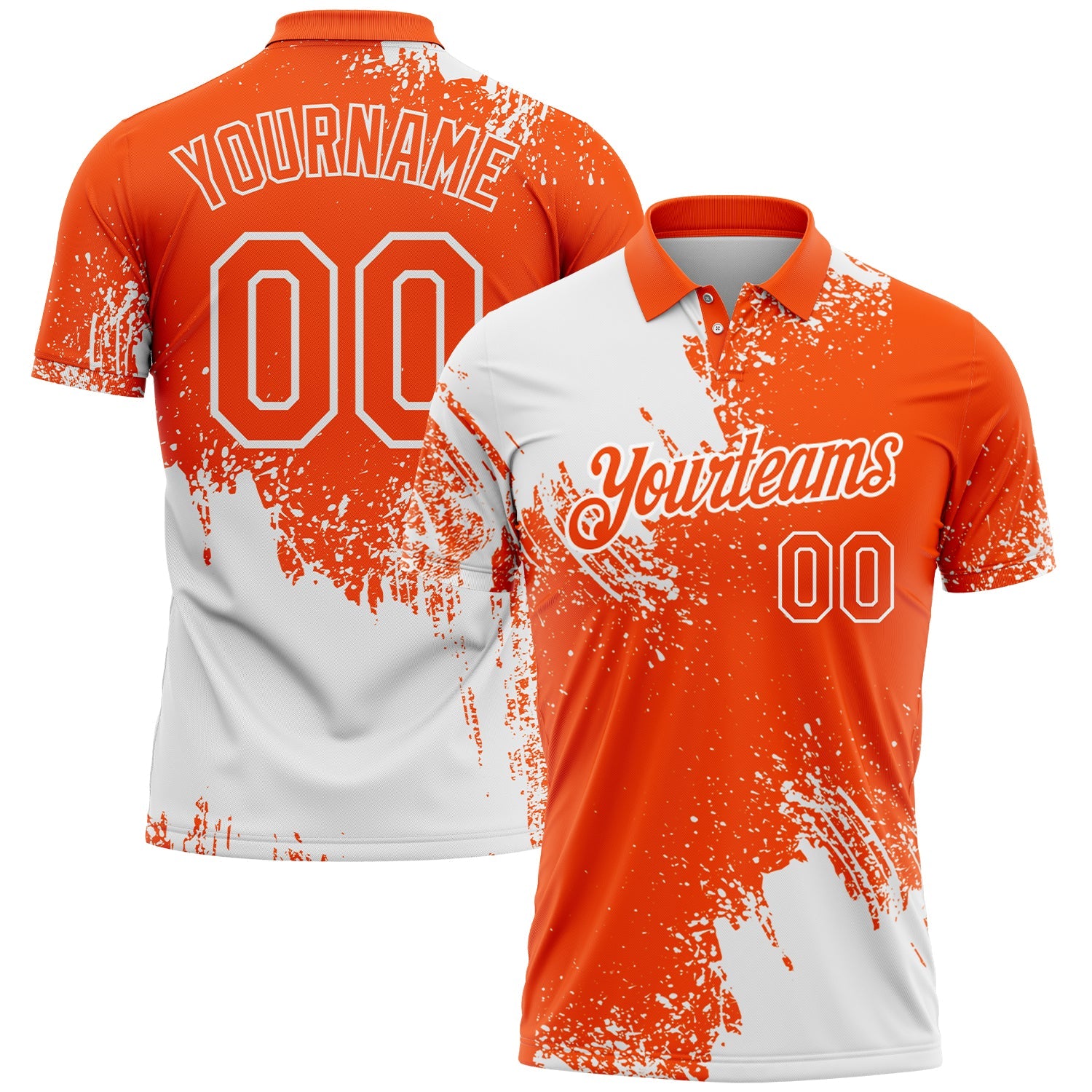 Custom White Orange 3D Pattern Design Abstract Brush Stroke Performance Polo Shirt