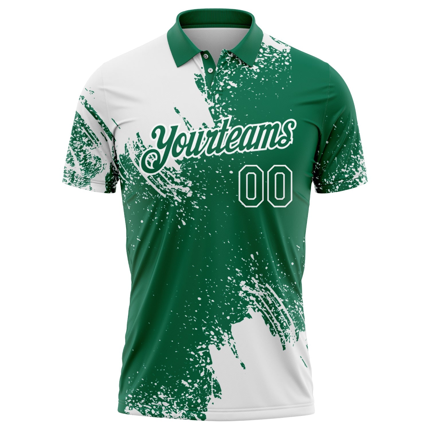 Custom White Kelly Green 3D Pattern Design Abstract Brush Stroke Performance Polo Shirt
