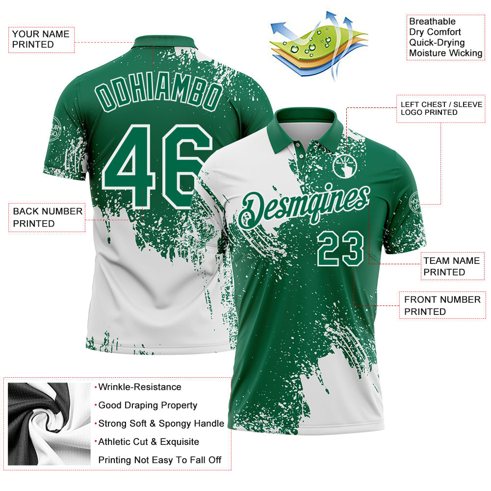 Custom White Kelly Green 3D Pattern Design Abstract Brush Stroke Performance Polo Shirt
