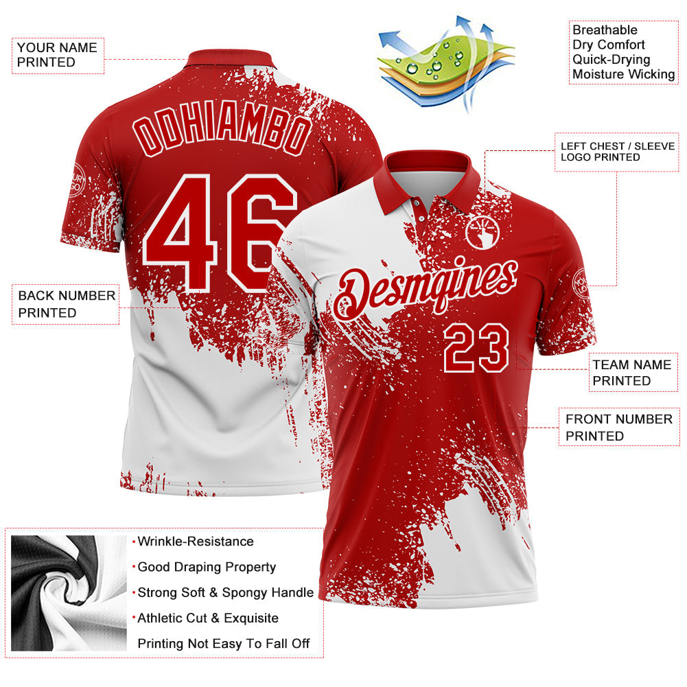 Custom White Red 3D Pattern Design Abstract Brush Stroke Performance Polo Shirt